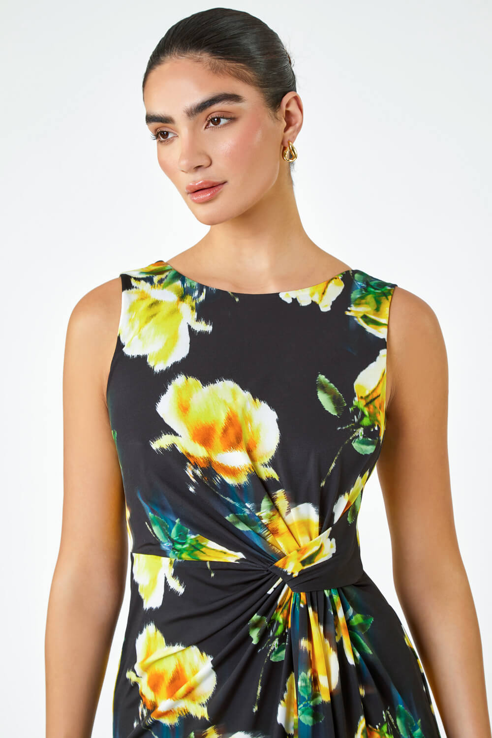 Black LIMITED Floral Twist Detail Ruched Dress, Image 4 of 5