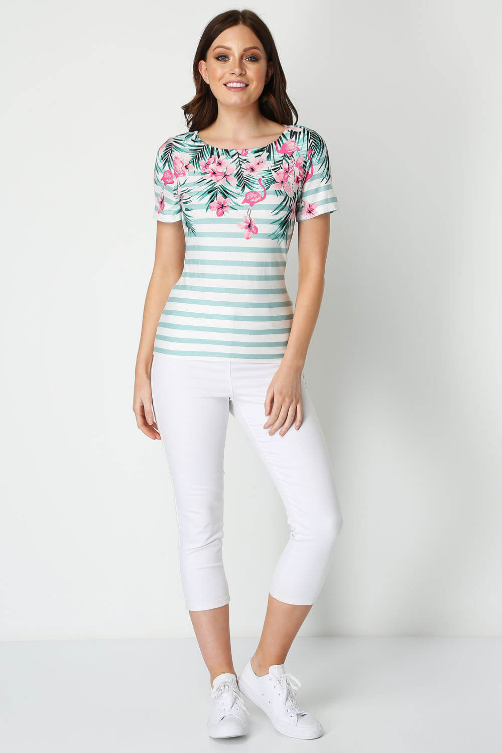 Multi  Flamingo Stripe Floral T-Shirt , Image 2 of 8