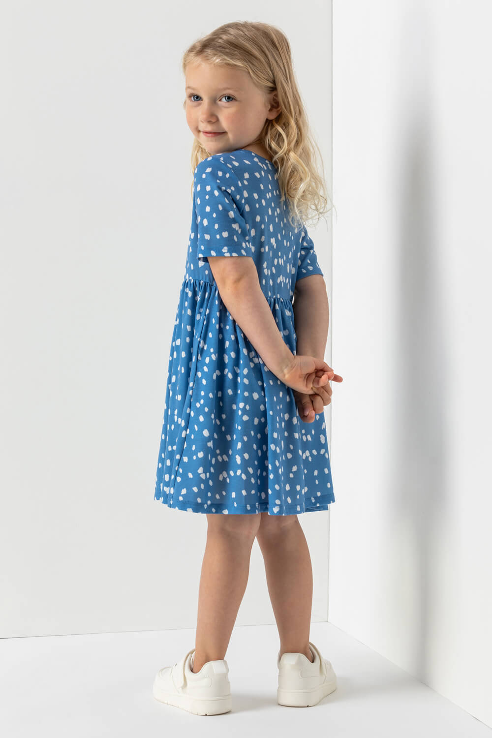 Blue Girls Spot Print Pocket Detail Dress, Image 2 of 5