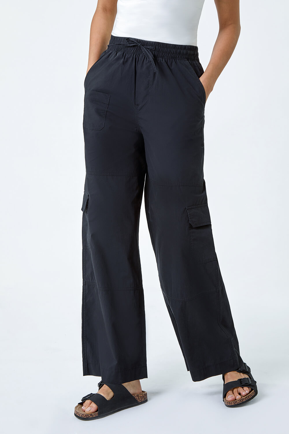 Black Cotton Wide Leg Cargo Trousers, Image 4 of 5