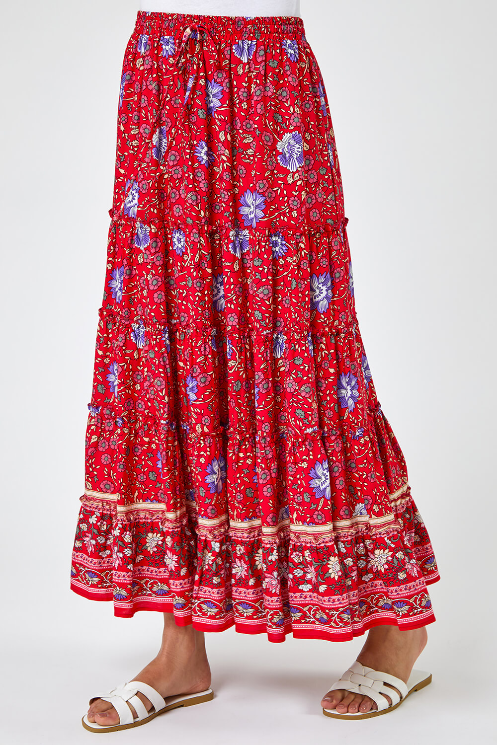 Boho Floral Print Tiered Maxi Skirt in Red - Roman Originals UK