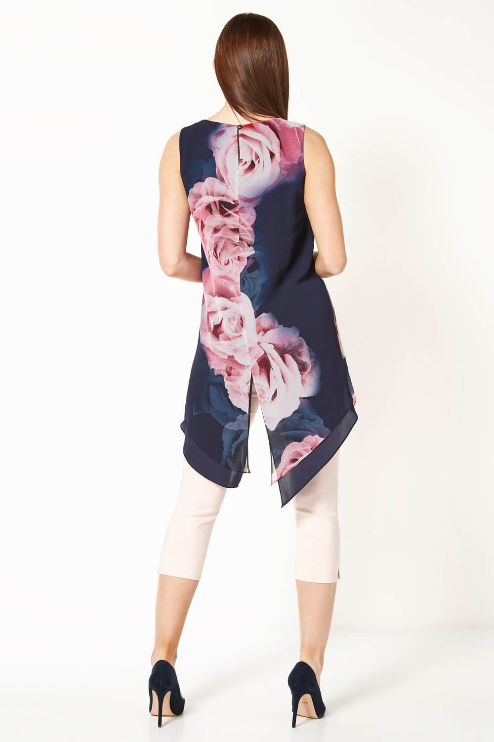 Navy  Rose Floral Print Asymmetric Top, Image 3 of 5