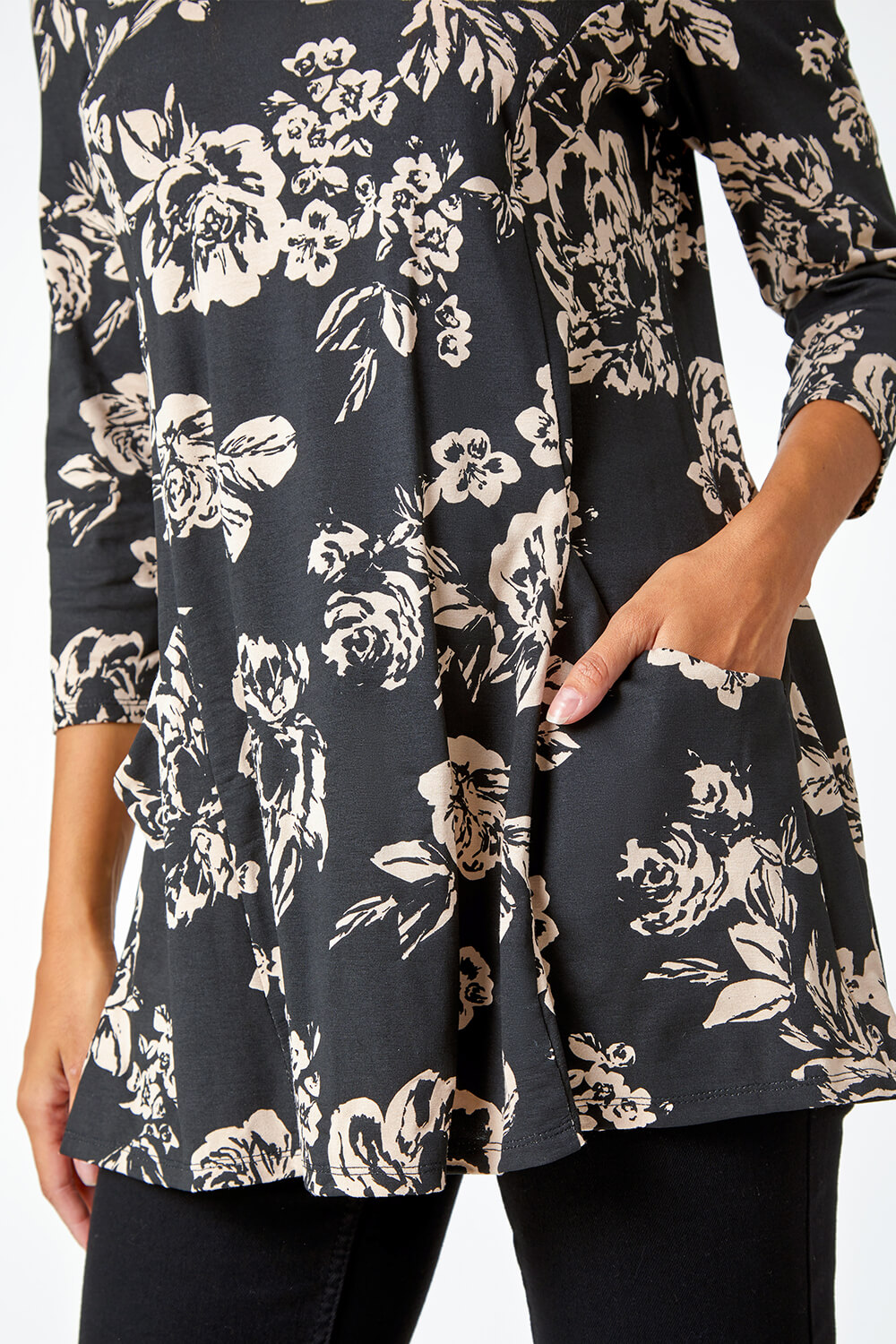 Black Floral Print Pocket Stretch Swing Top | Roman UK