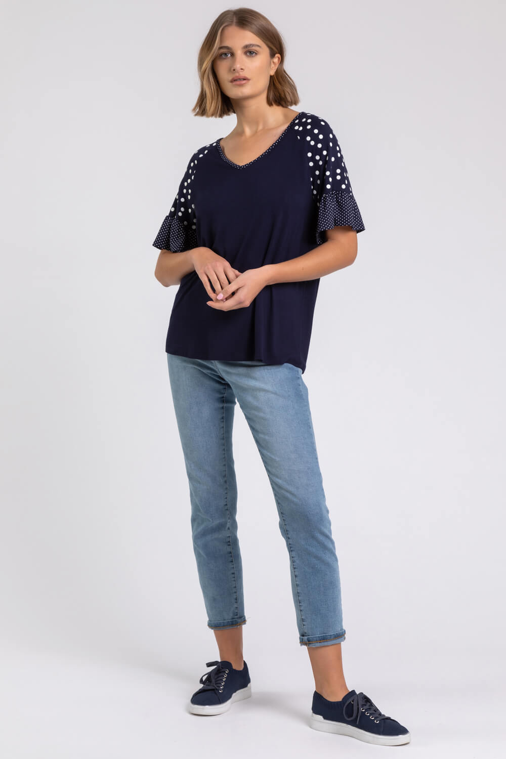 Navy  Spot Print Frill Sleeve Top, Image 3 of 5