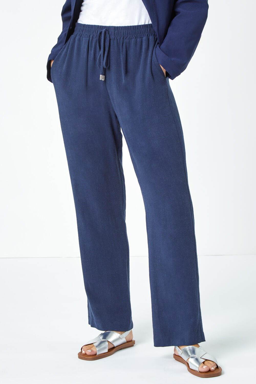 Navy  Petite Linen Mix Trousers, Image 4 of 5