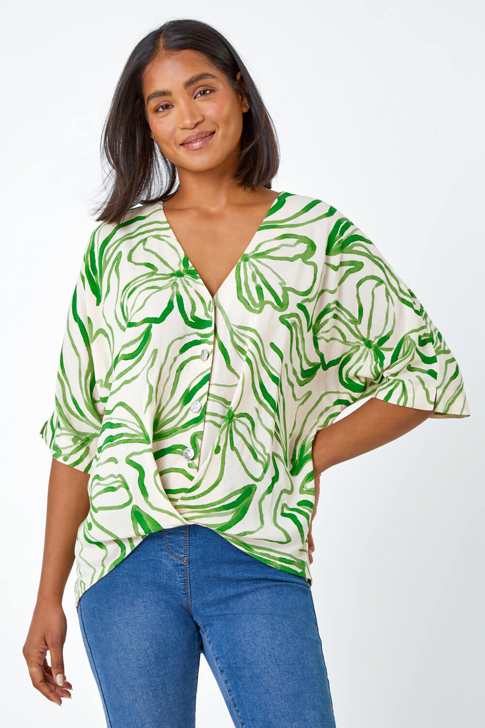 Green Abstract Floral Print Button Twist Top | Roman UK