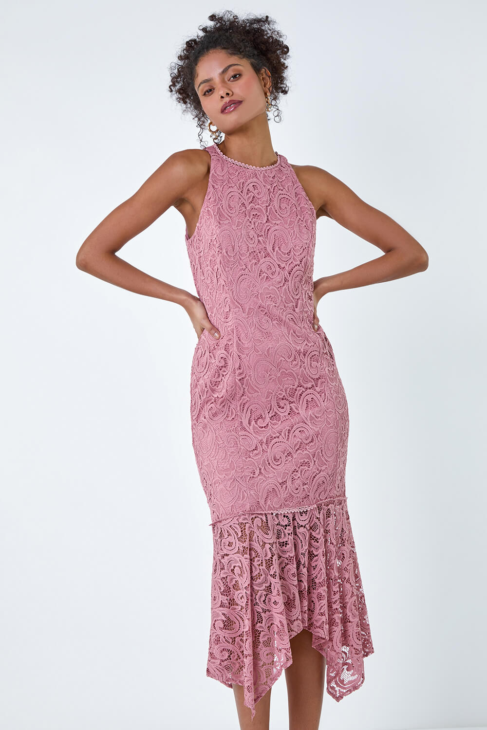 PINK Sleeveless Stretch Lace Midi Dress, Image 6 of 6