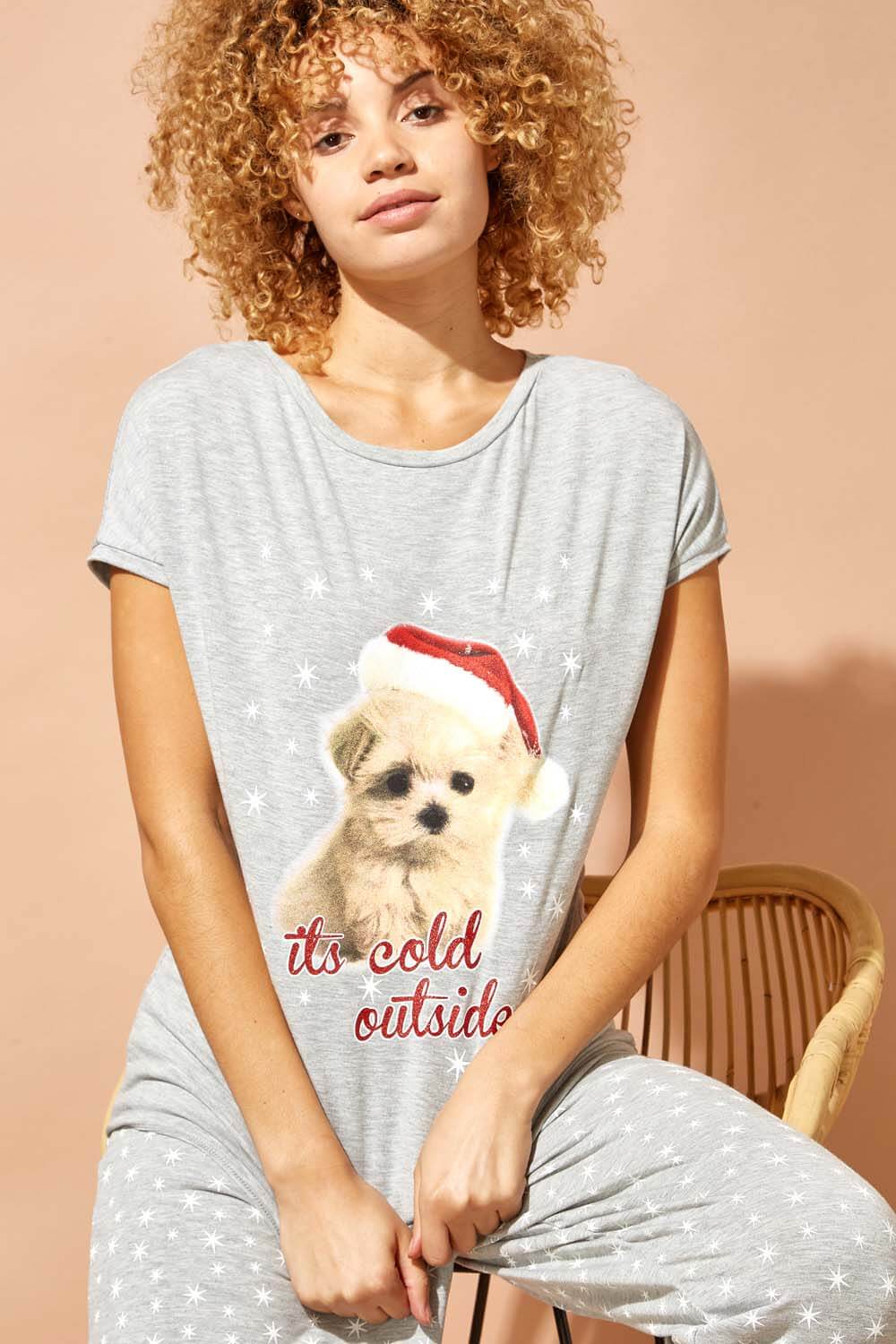 Grey Christmas Puppy Print Lounge T-Shirt, Image 4 of 4