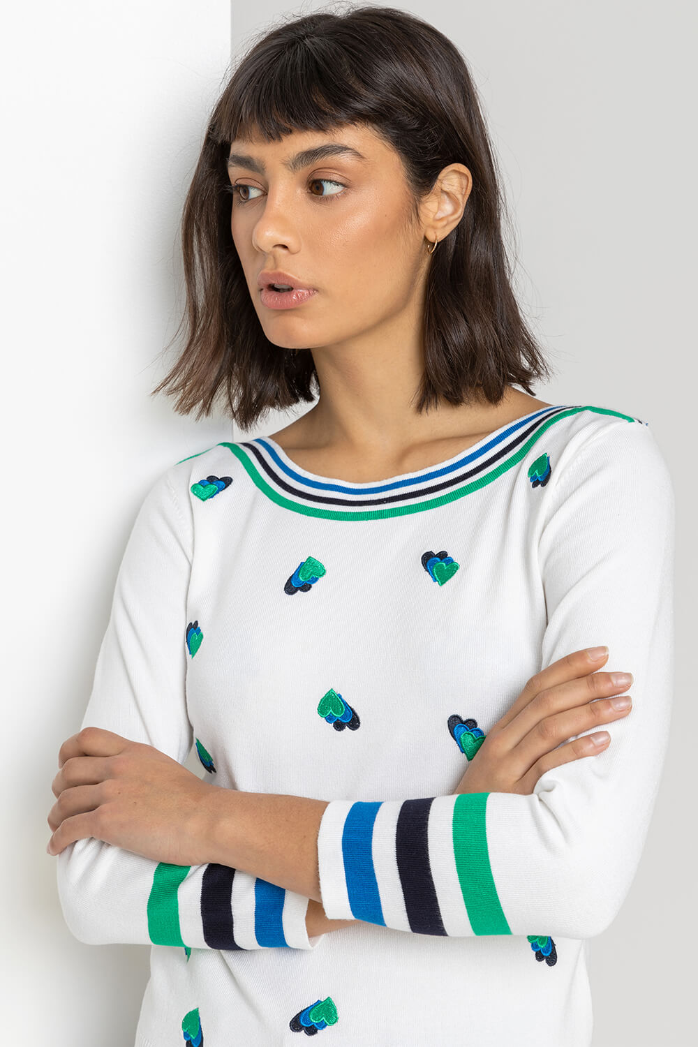 Ivory  Heart Embroidered Stripe Print Jumper, Image 4 of 5