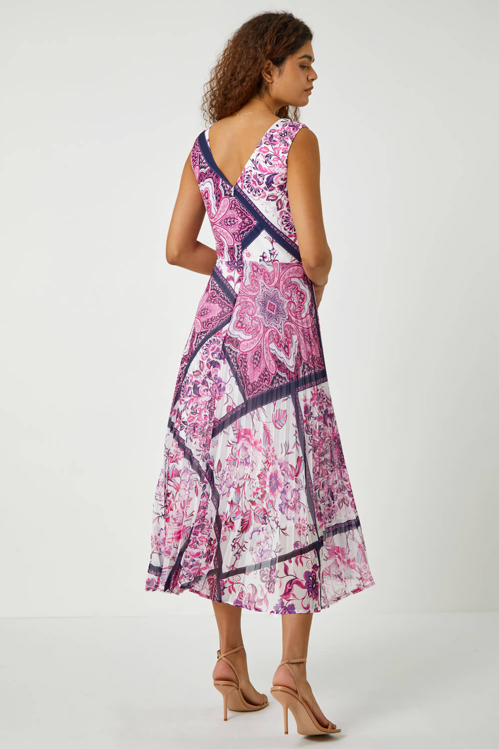 PINK Paisley Scarf Print Pleated Midi Dress, Image 3 of 5