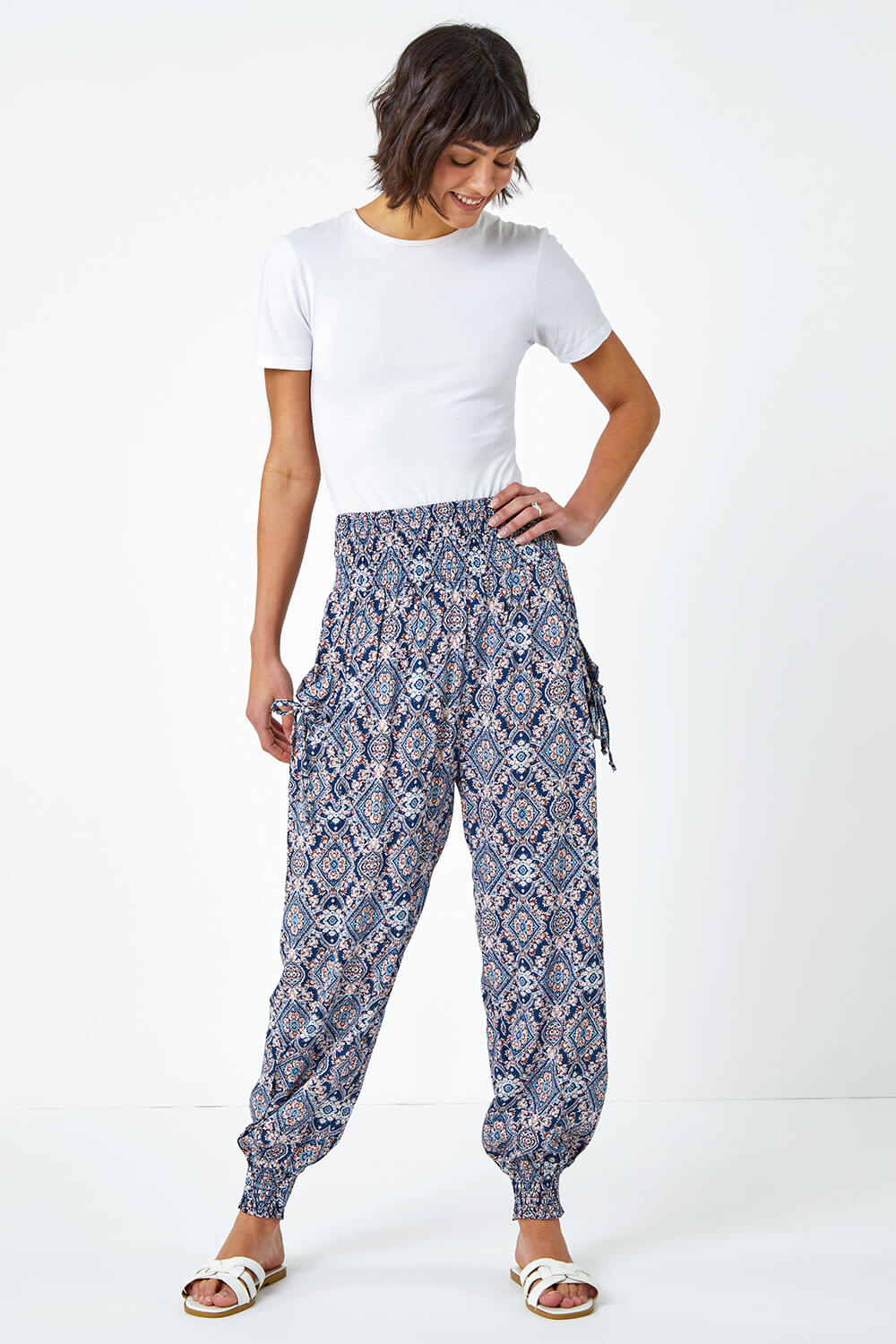 Navy  Paisley Print Shirred Hareem Trousers, Image 2 of 5