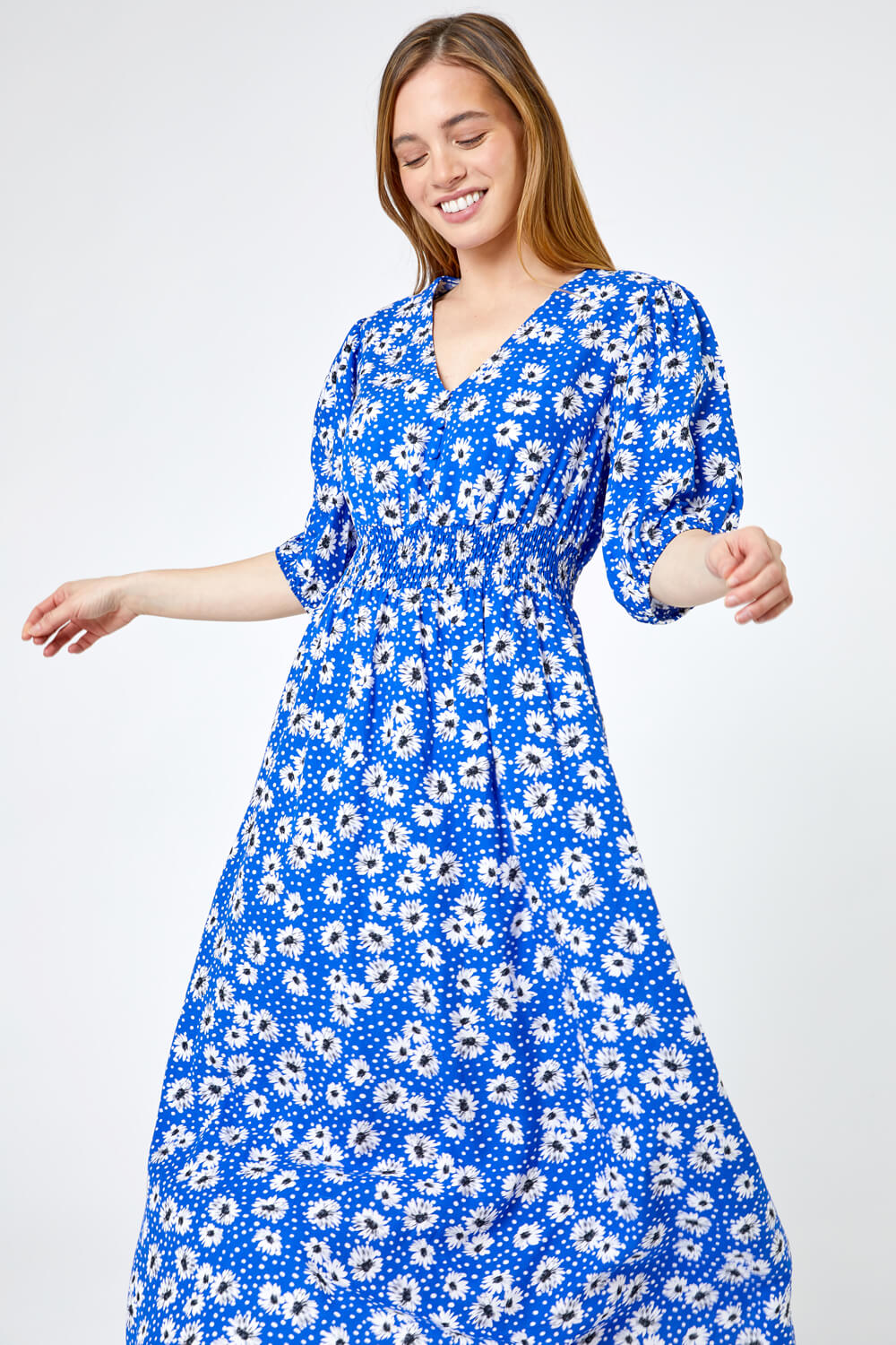 Blue Petite Floral Print Shirred Maxi Dress, Image 4 of 4