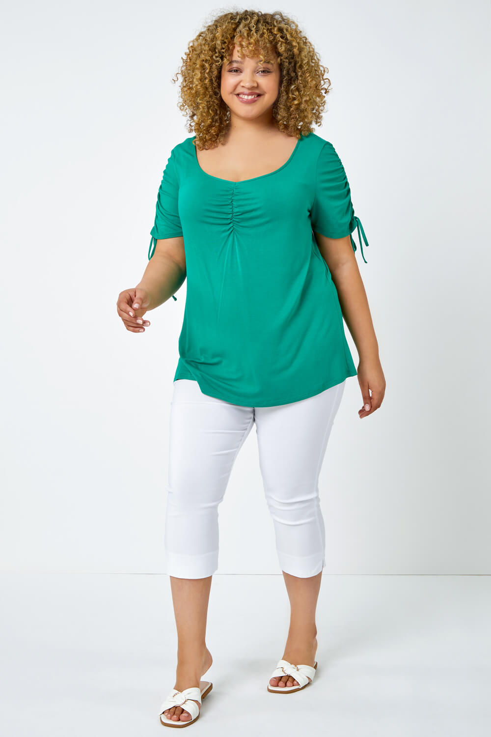 Green Curve Plain Ruched Tie Top, Image 4 of 5