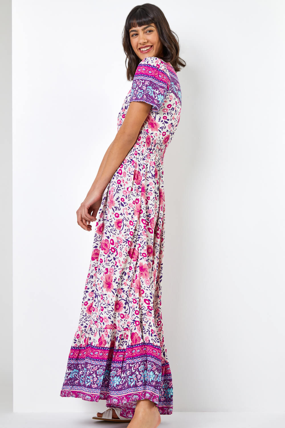 PINK Floral Shirred Waist Maxi Dress, Image 3 of 5