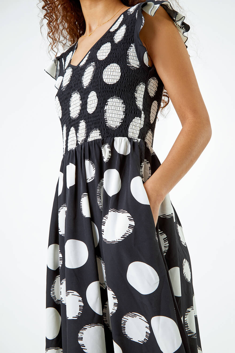 Black Polka Dot Shirred Stretch Midi Dress, Image 5 of 6