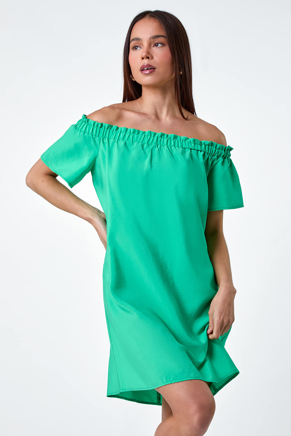 Green Petite Plain Stretch Neck Bardot Dress, Image 4 of 5