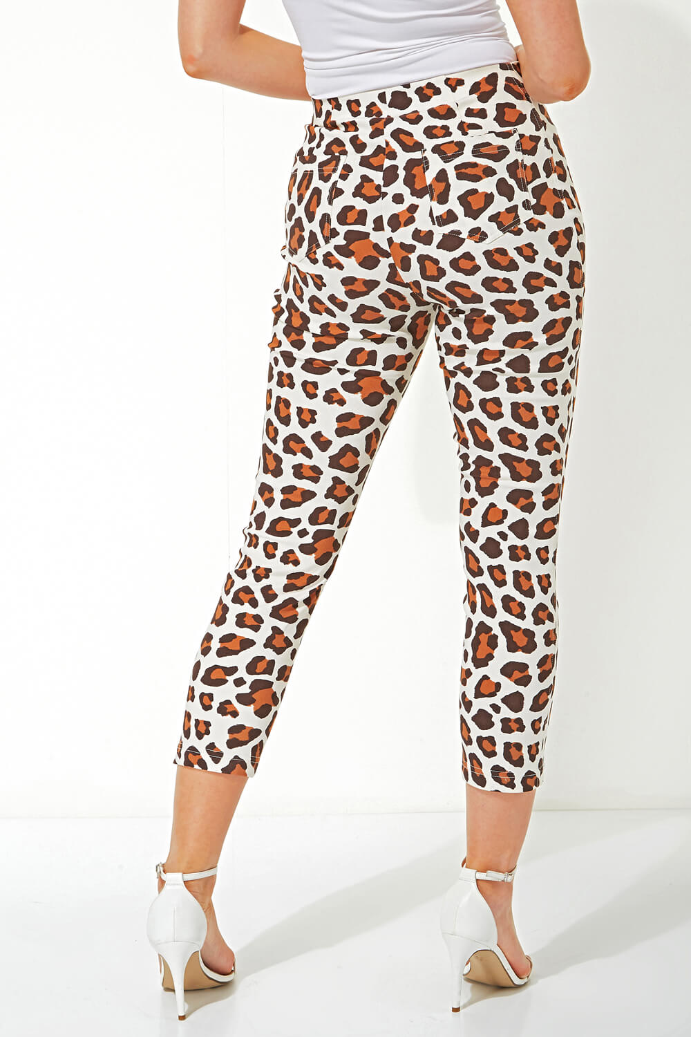 Tan Animal Print 3/4 Length Stretch Trousers , Image 2 of 4