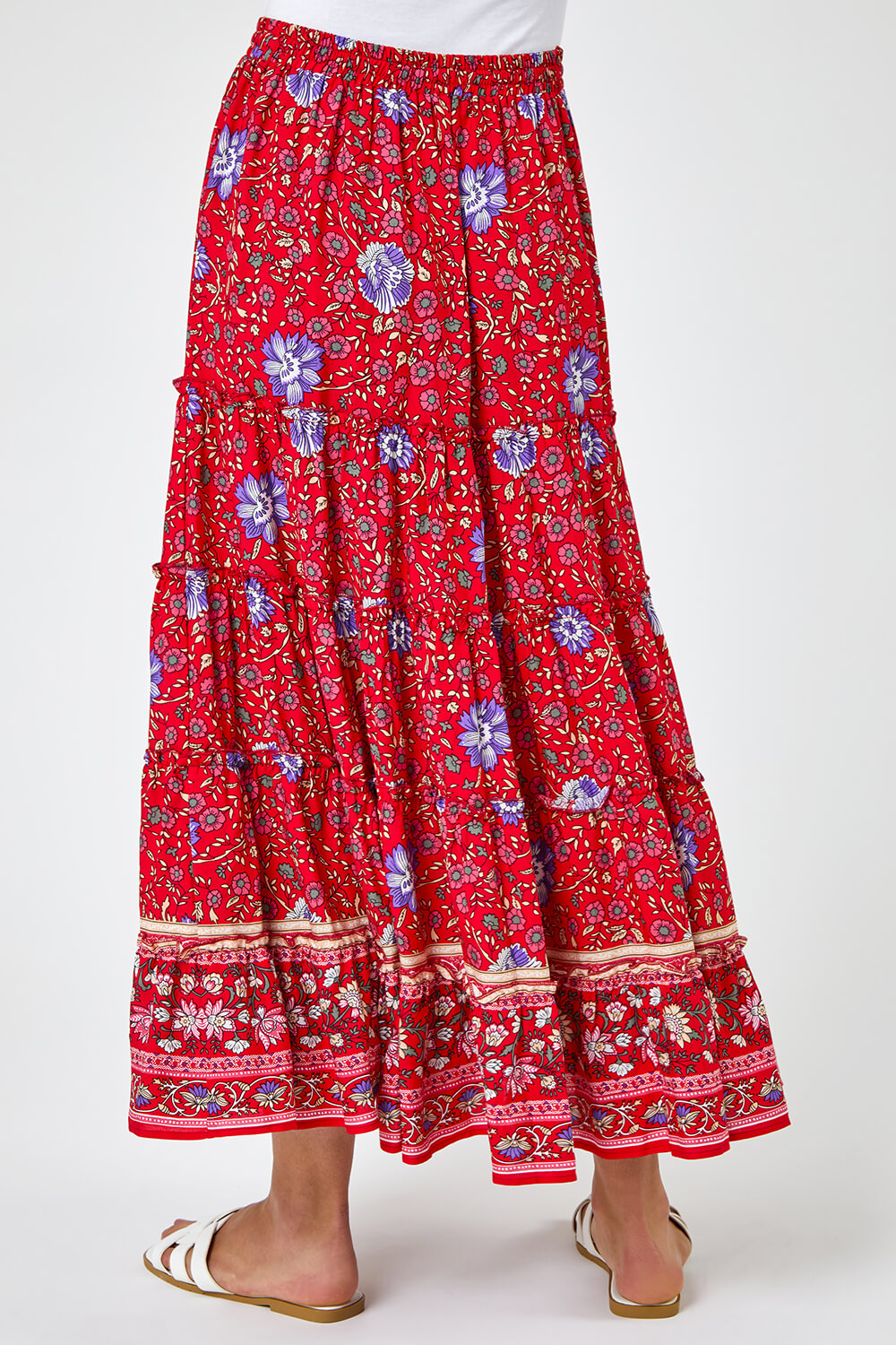 Boho Floral Print Tiered Maxi Skirt in Red - Roman Originals UK