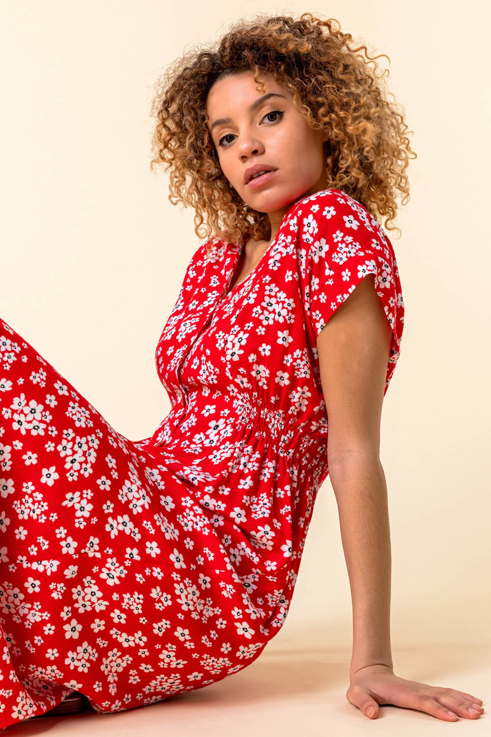 Red Floral Print Button Through Dress, Image 5 of 5