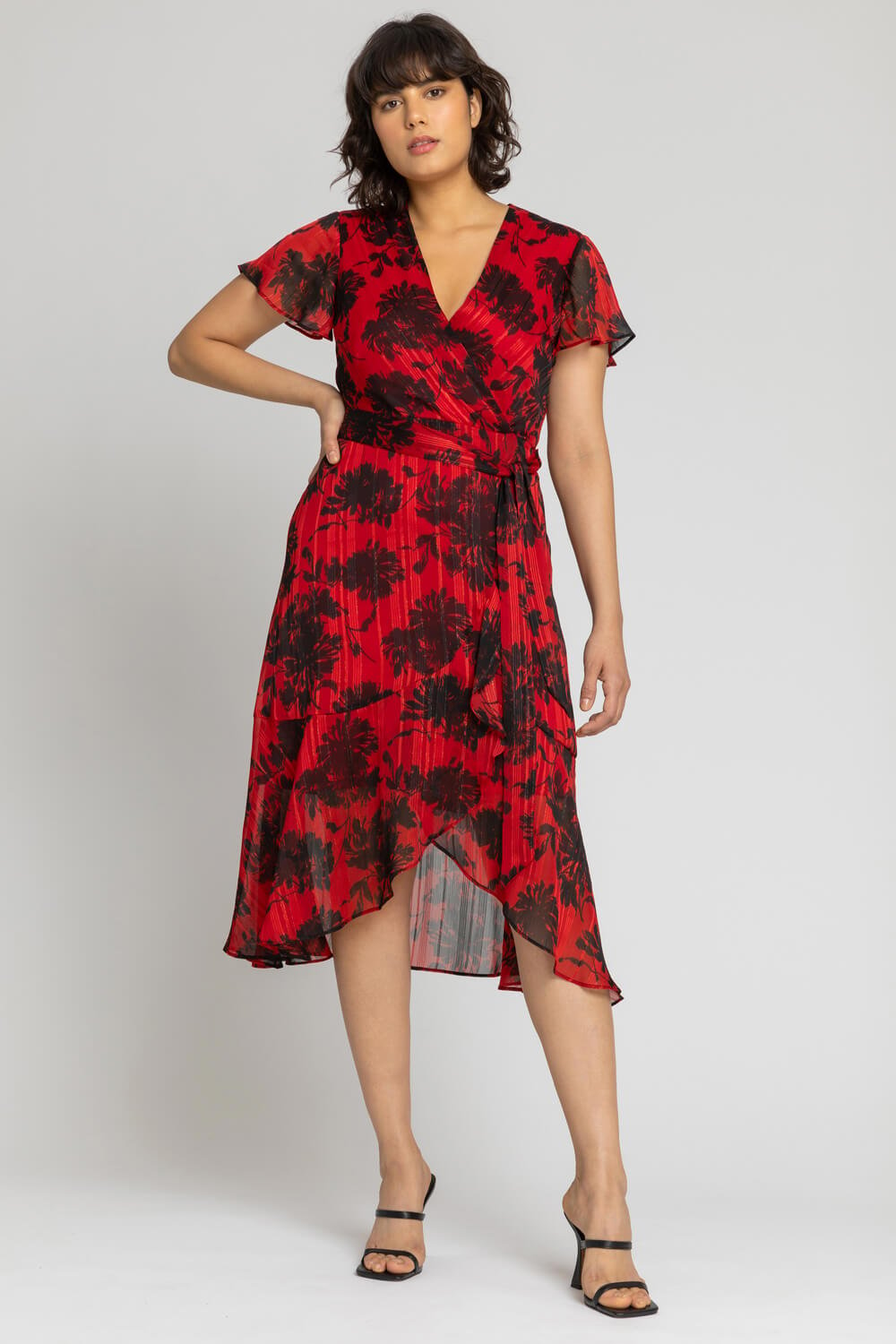 Red Floral Print Wrap Midi Dress, Image 3 of 4