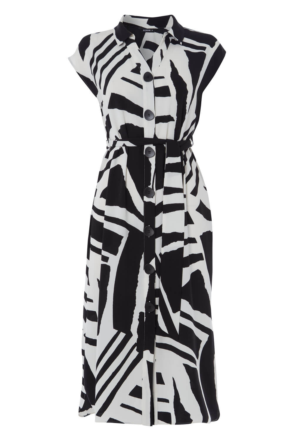 Black Abstract Print Belted Shirt Midi Dress, Image 4 of 4