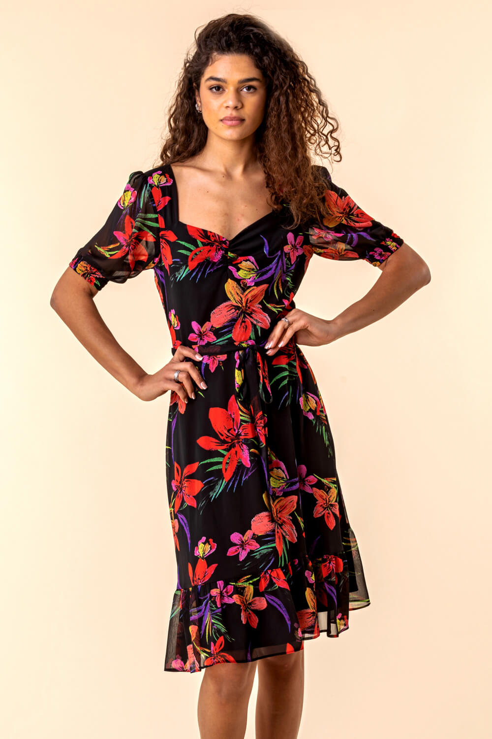Tropical Floral Print Tea Dress