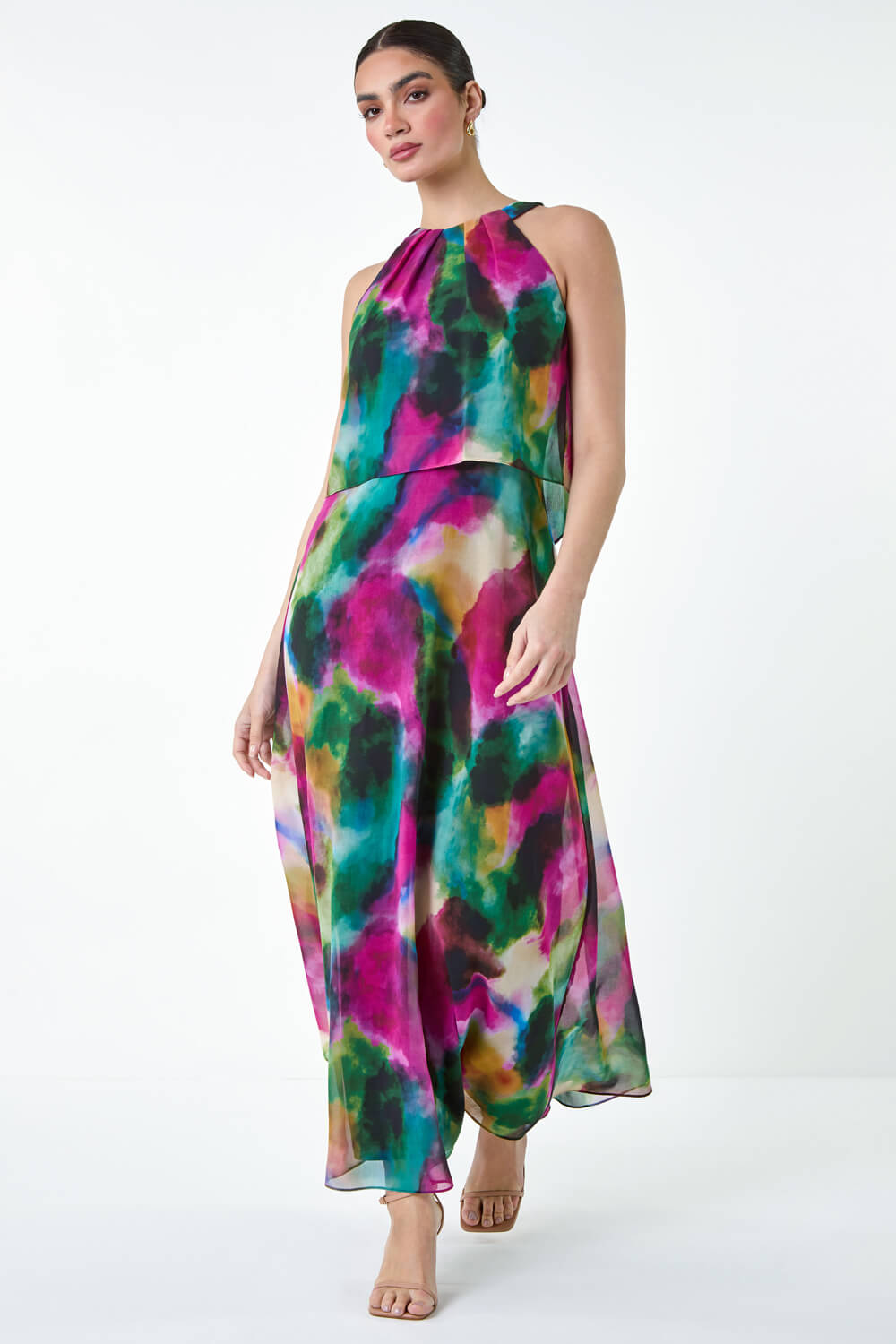 Forest  Abstract Print Chiffon Overlay Maxi Dress, Image 2 of 5
