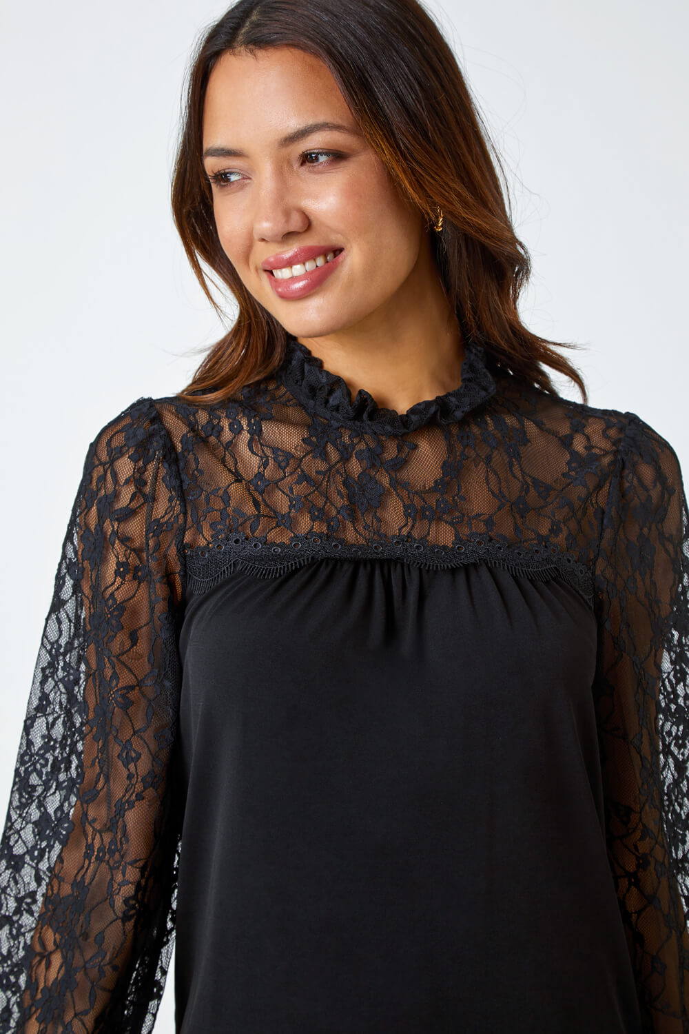 Black Lace Detail High Neck Stretch Top, Image 4 of 5
