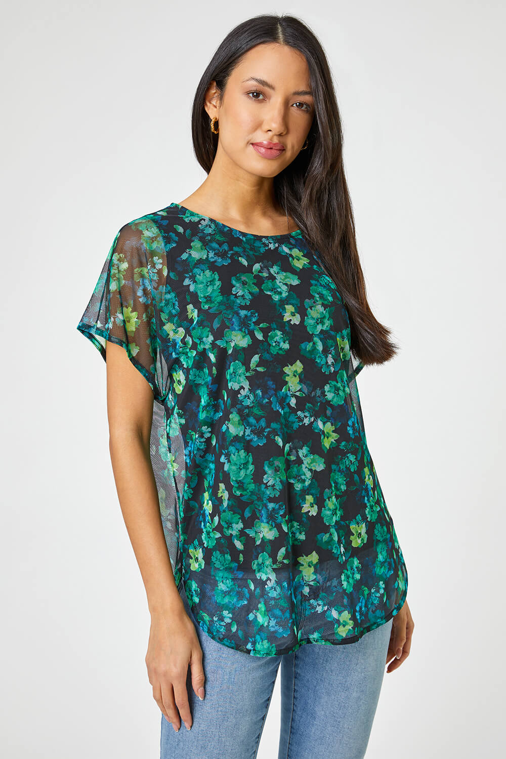 Floral Print Mesh Overlay Top