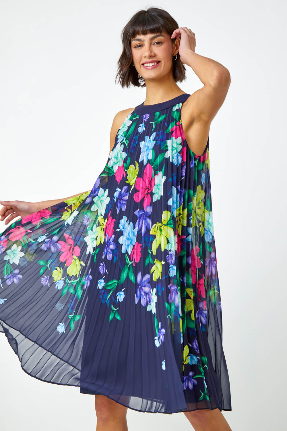 Navy  Halter Neck Floral Pleated Swing Dress , Image 1 of 5