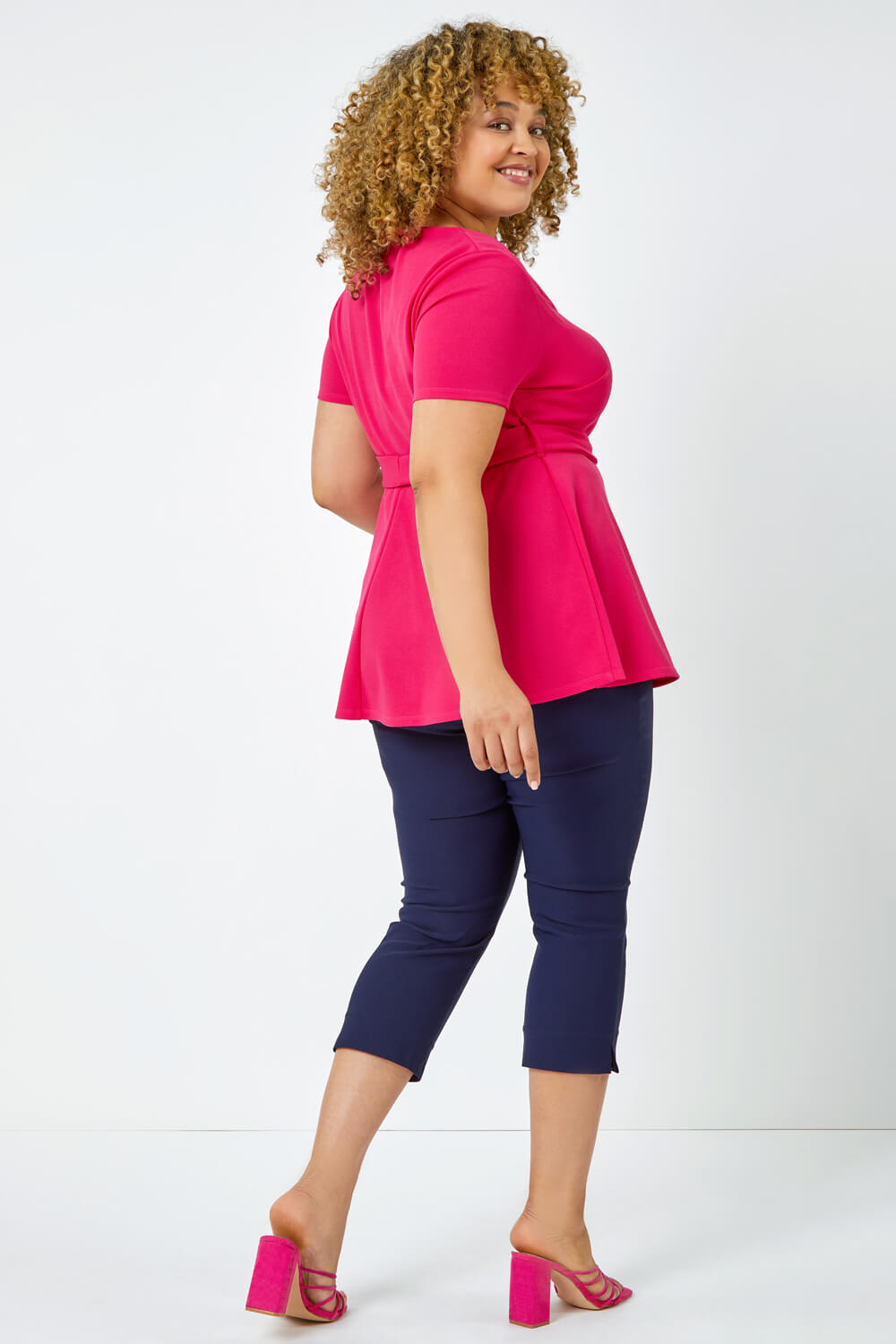 PINK Curve Stretch Belted Peplum Top, Image 3 of 5