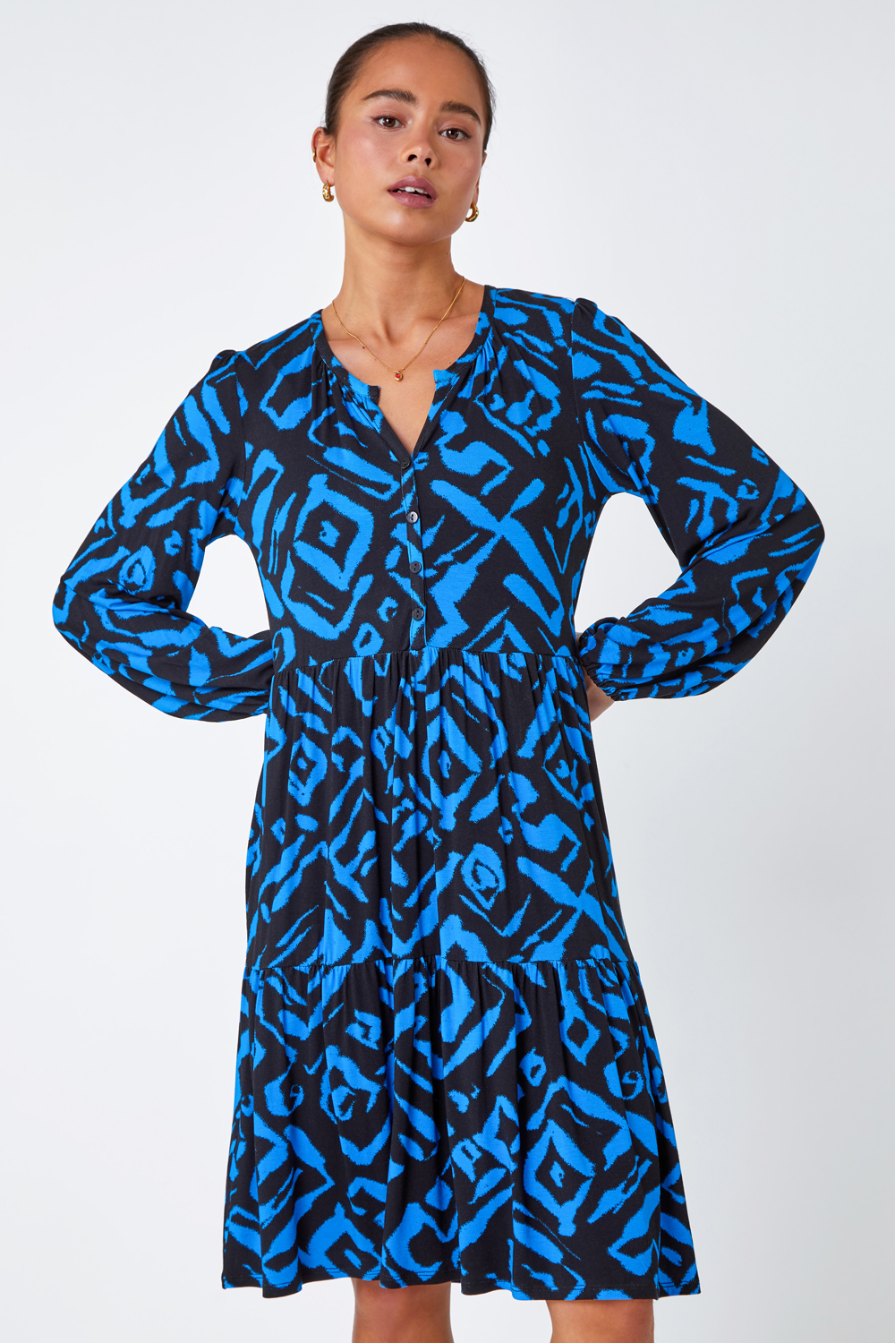 Blue Petite Abstract Print Tiered Stretch Dress, Image 4 of 5