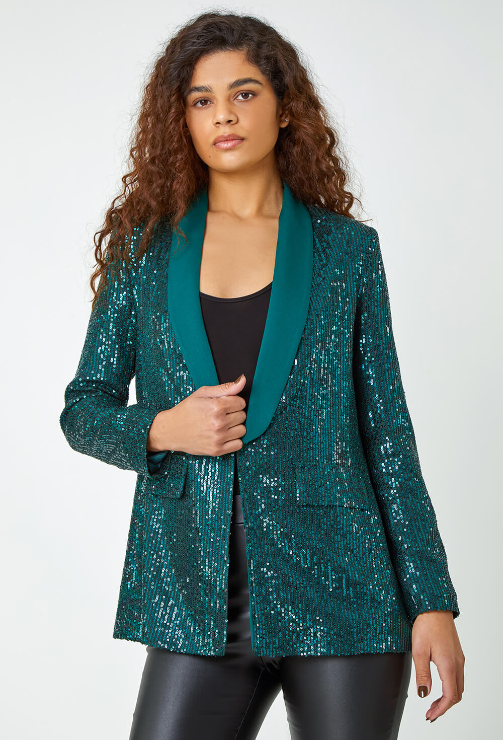 Emerald Sequin Contrast Collar Blazer , Image 1 of 5