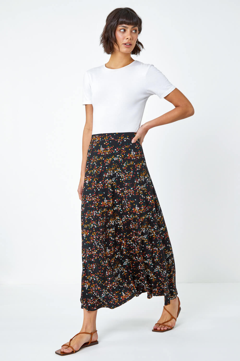 Ditsy Floral Jersey Skirt in Black - Roman Originals UK