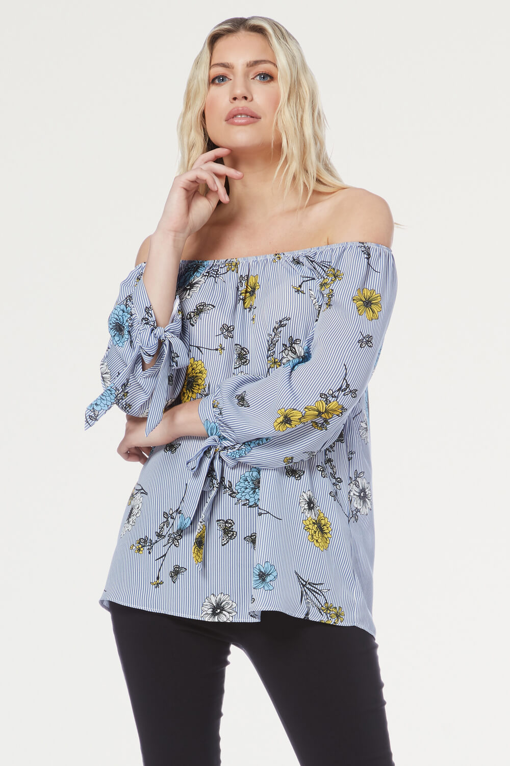 Stripe Floral Print Bardot Top in Yellow - Roman Originals UK