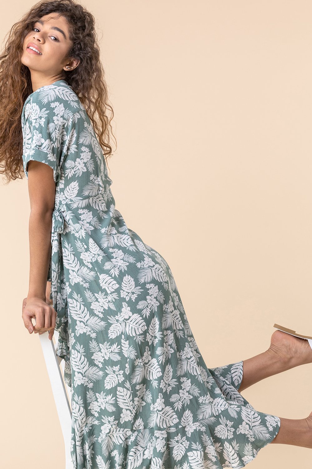 Sage Leaf Print Wrap Midi Dress, Image 5 of 5