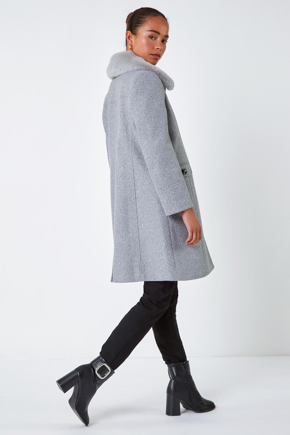 Grey Petite Faux Fur Collar Longline Coat, Image 3 of 5