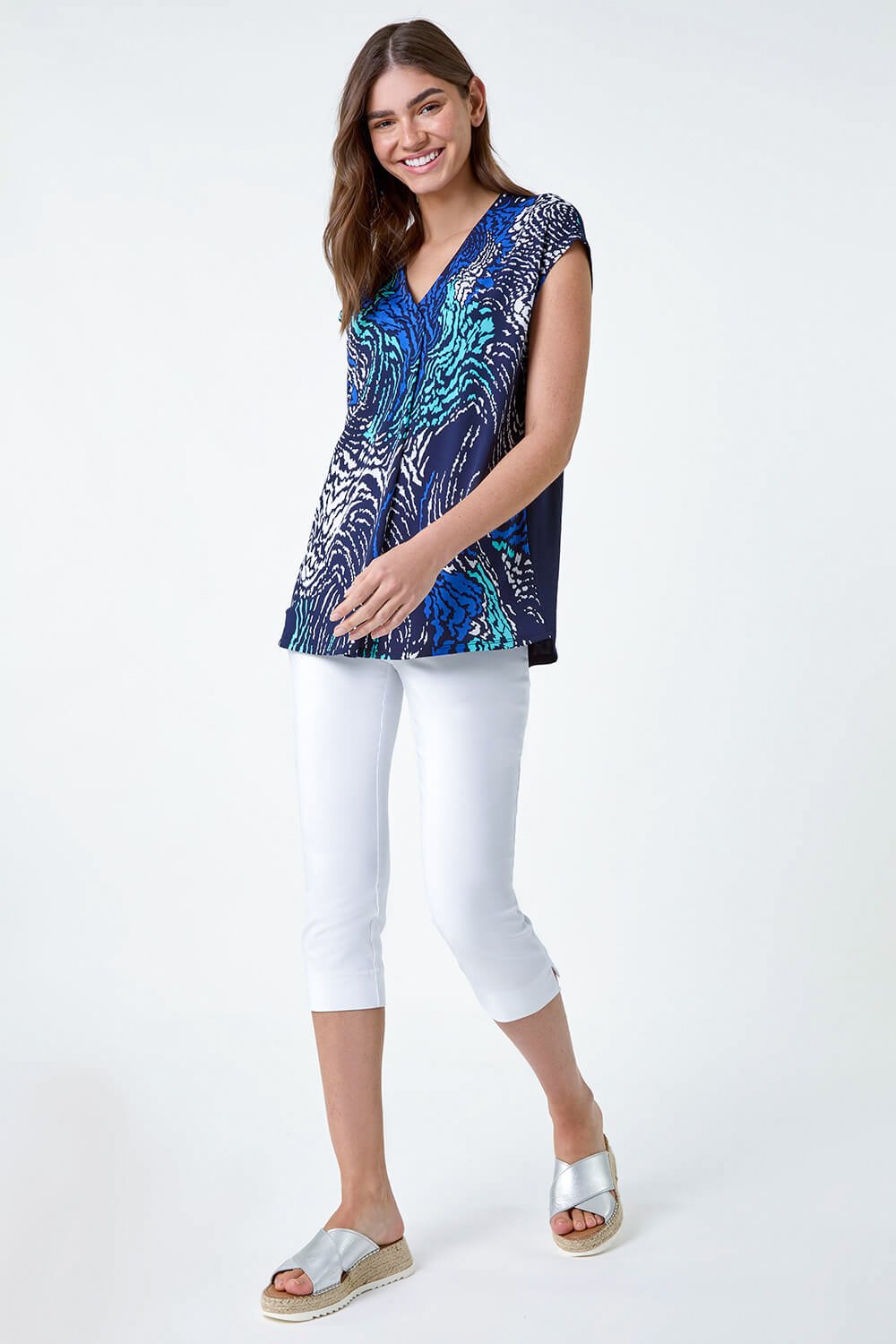 Navy  Abstract Wave Print Stretch Top, Image 2 of 5