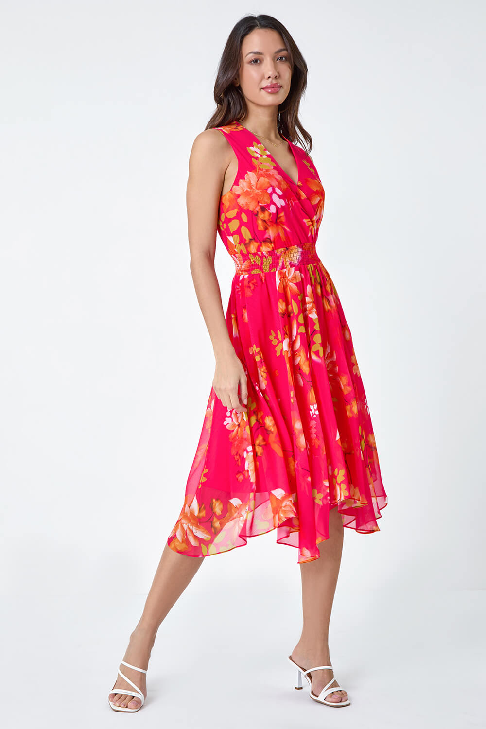 CERISE Floral Print Shirred Asymmetric Dress, Image 2 of 6