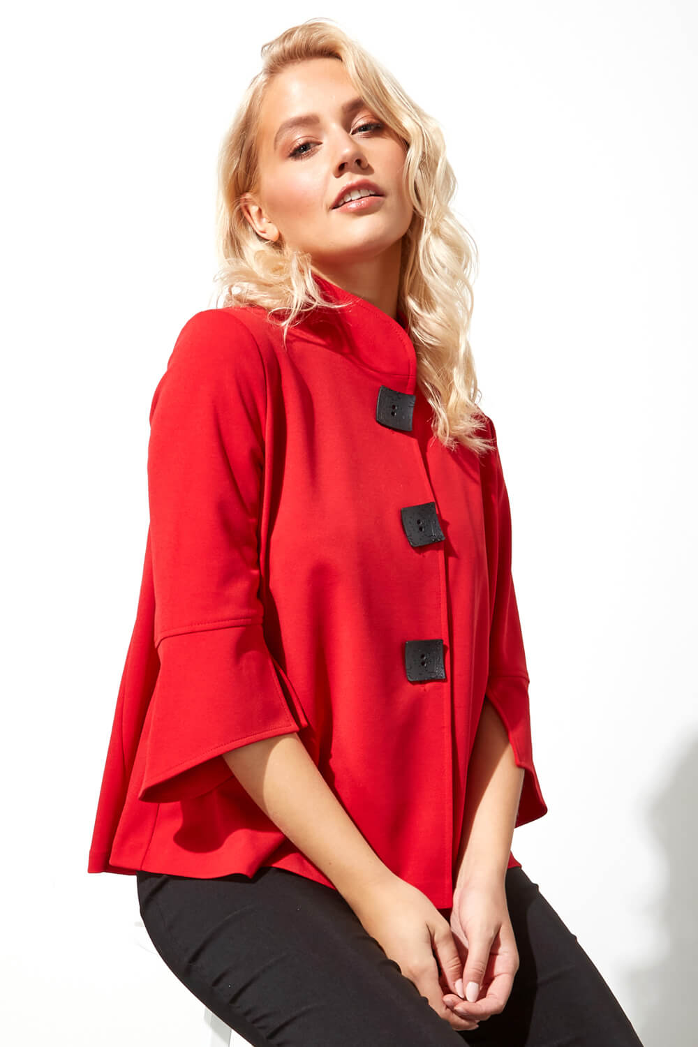 Red High Neck Button Detail Swing Jacket, Image 2 of 4