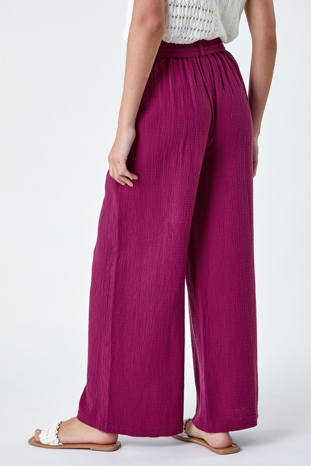 MAGENTA Textured Cotton Wide Leg Trousers, Image 3 of 5