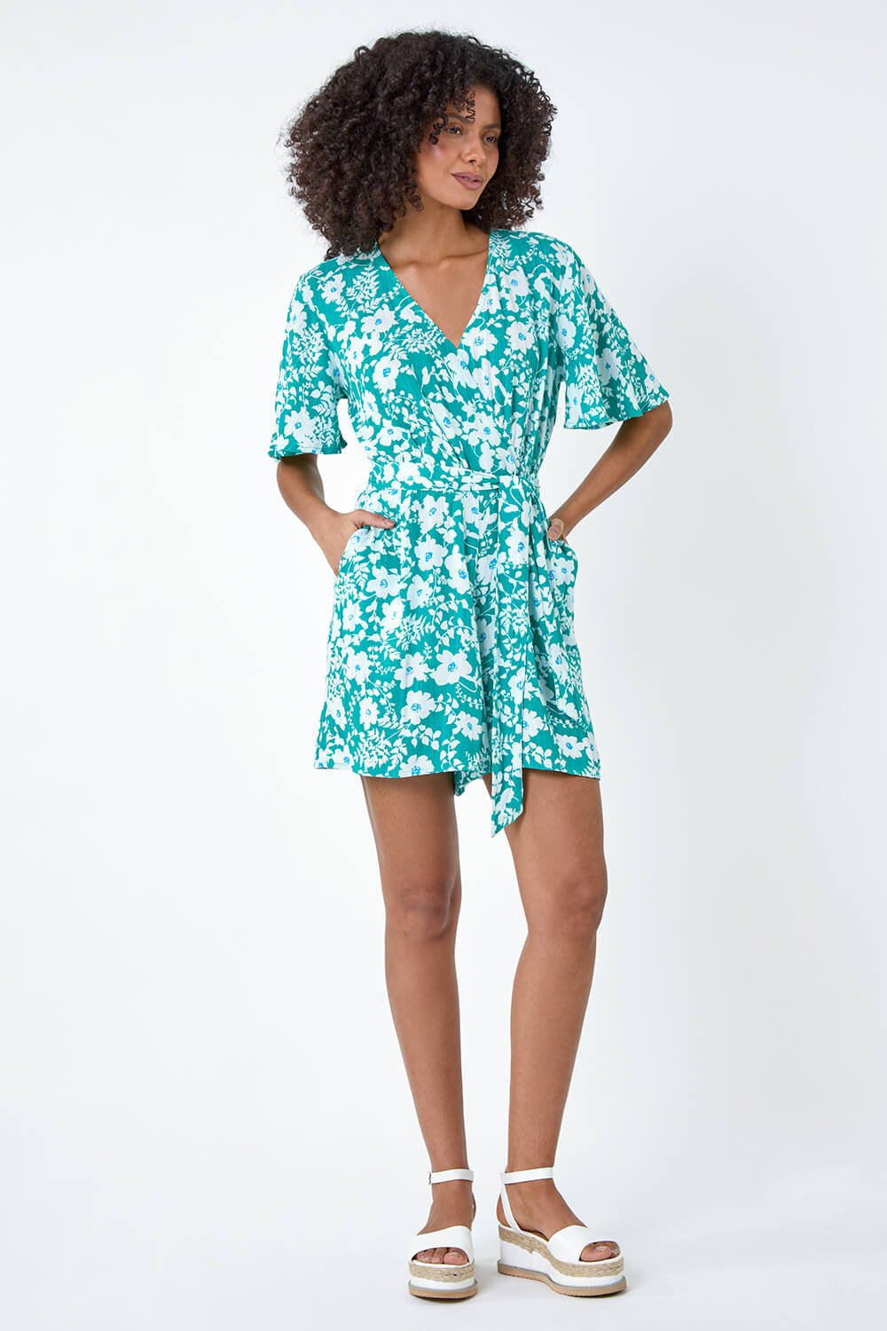 Turquoise Floral Print Belted Wrap Playsuit, Image 2 of 5