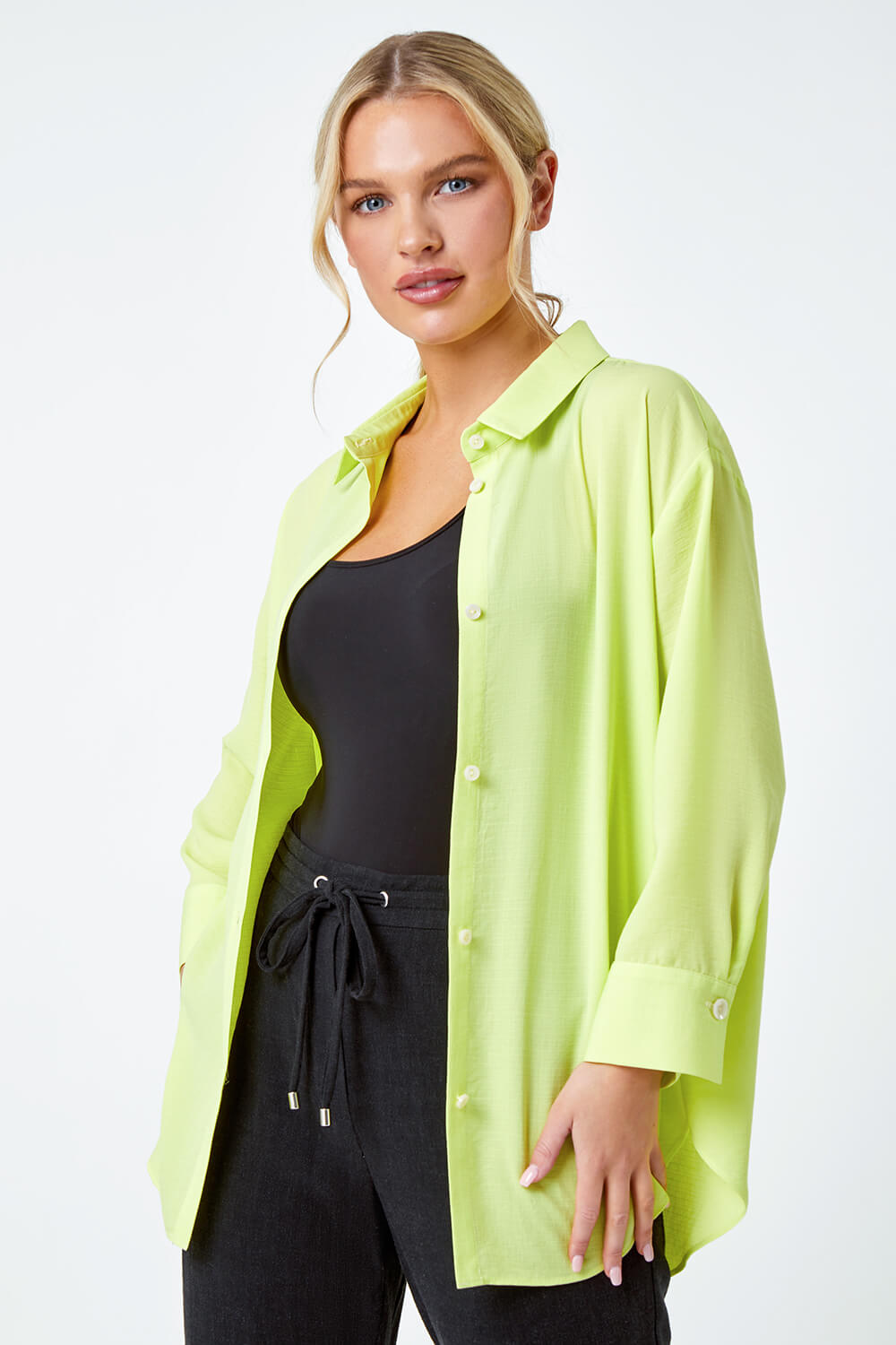 Lime Petite Longline Button Through Shirt, Image 4 of 5