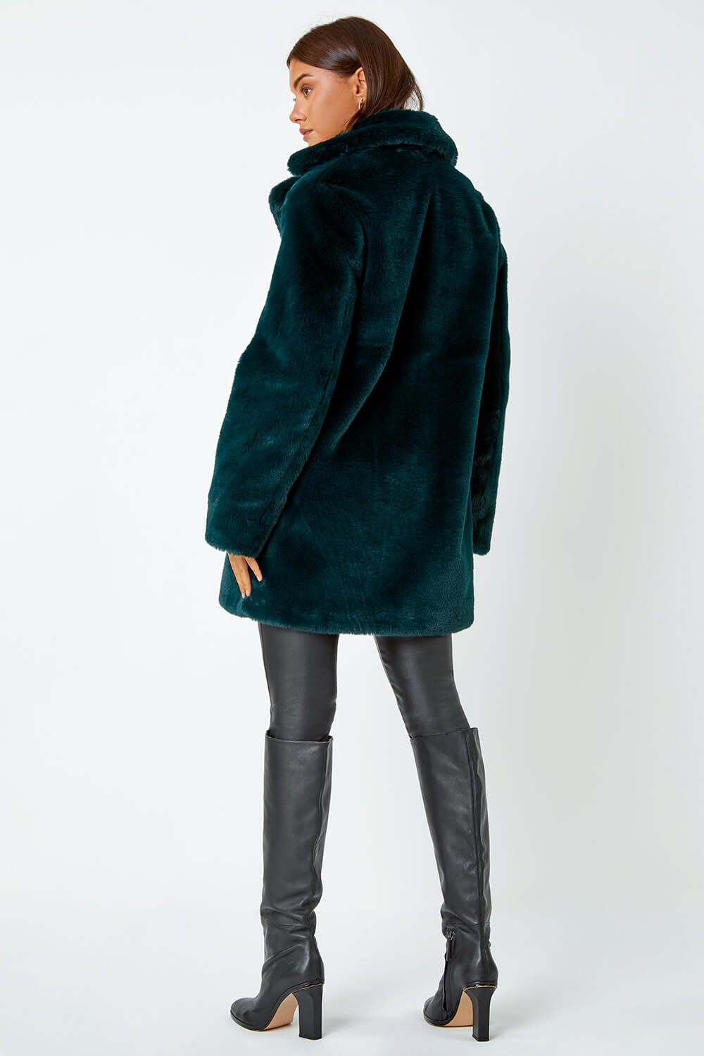 Emerald Faux Fur Longline Coat, Image 3 of 5