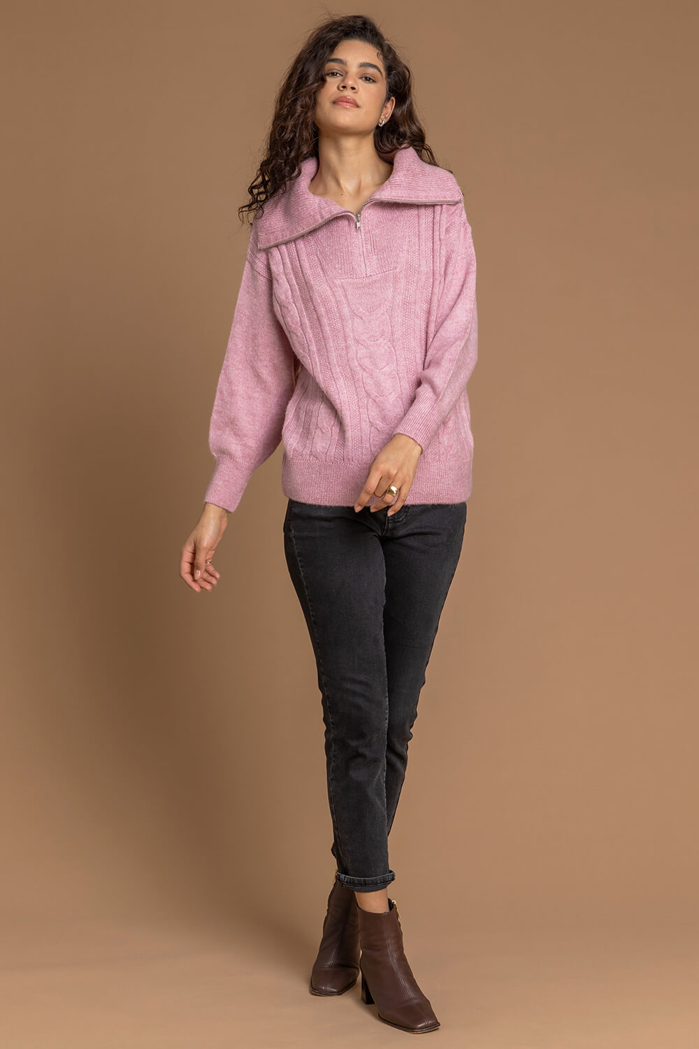 PINK Cable Knit Zip Collar Jumper, Image 3 of 5