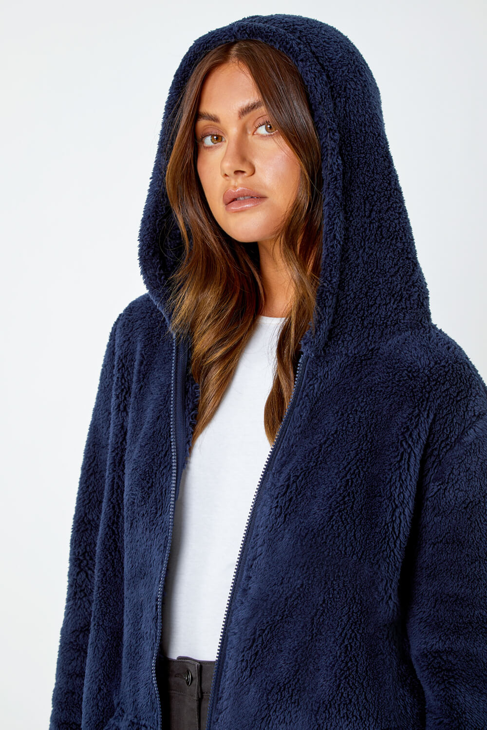 Midnight Blue Hooded Sherpa Fleece Jacket | Roman UK