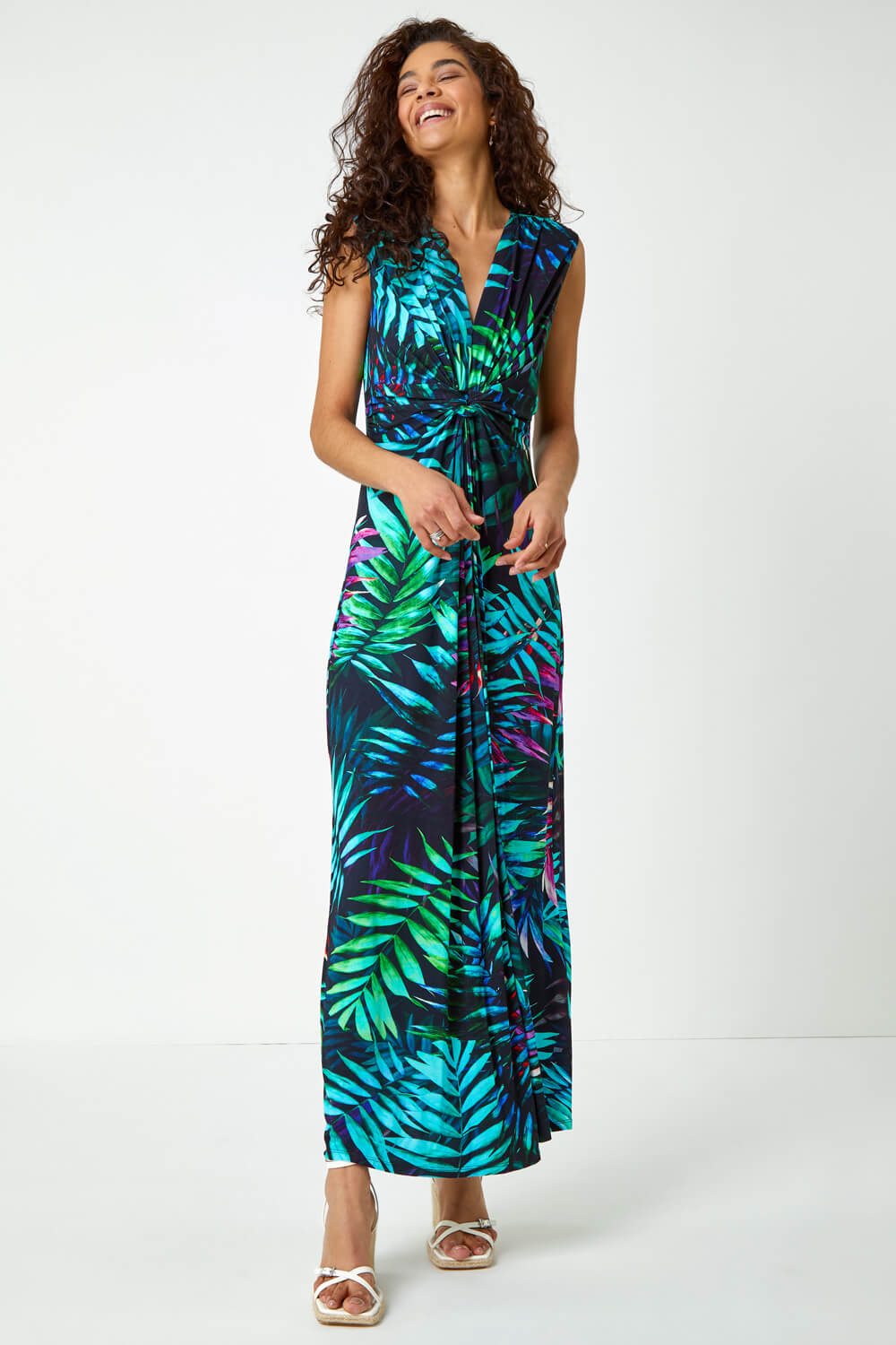Turquoise Tropical Print Maxi Dress, Image 2 of 6