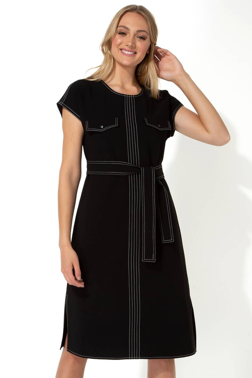 Top Stitch Belted Midi Dress in Black Roman Originals UK