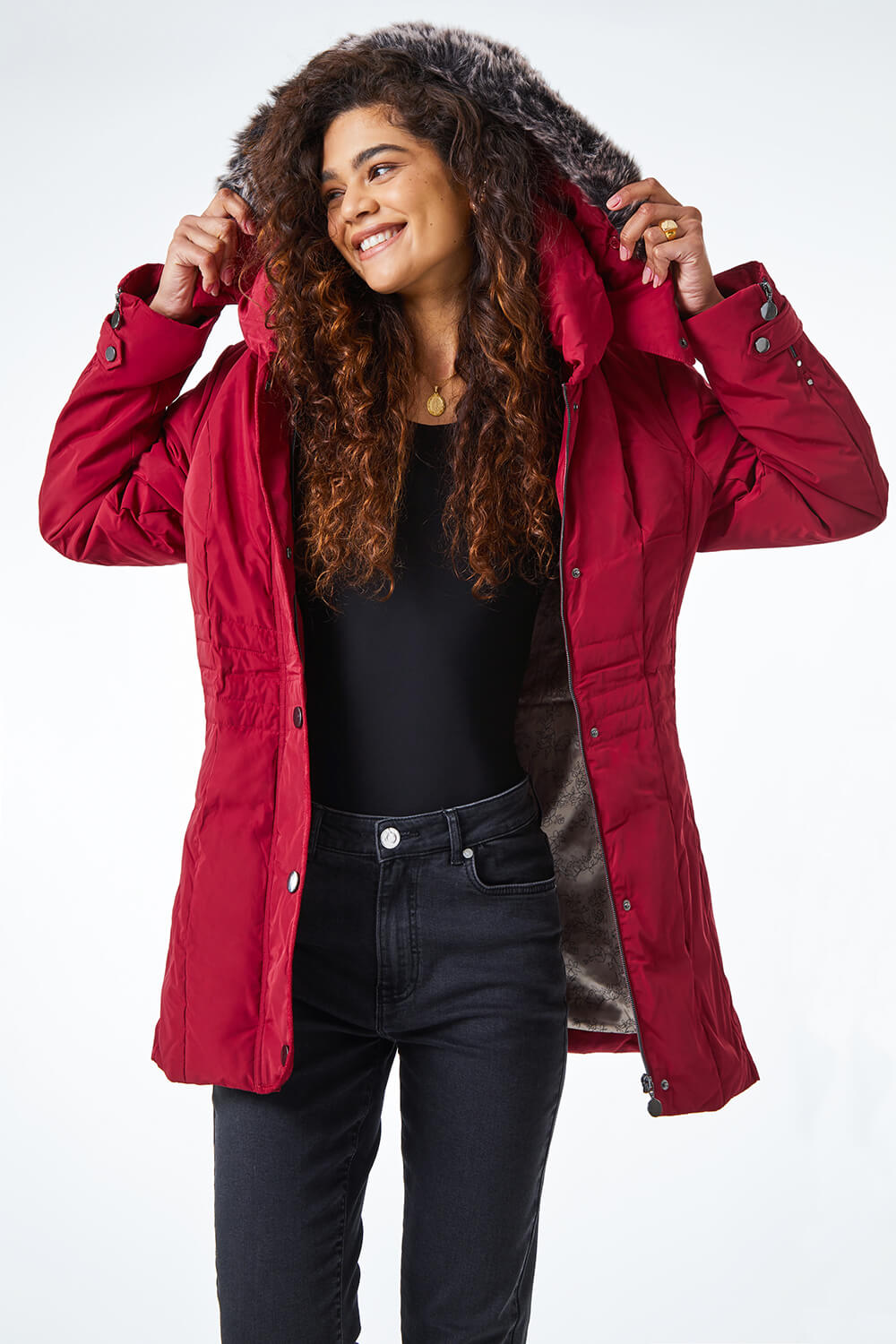 Red Faux Fur Trim Hooded Coat, Image 2 of 4