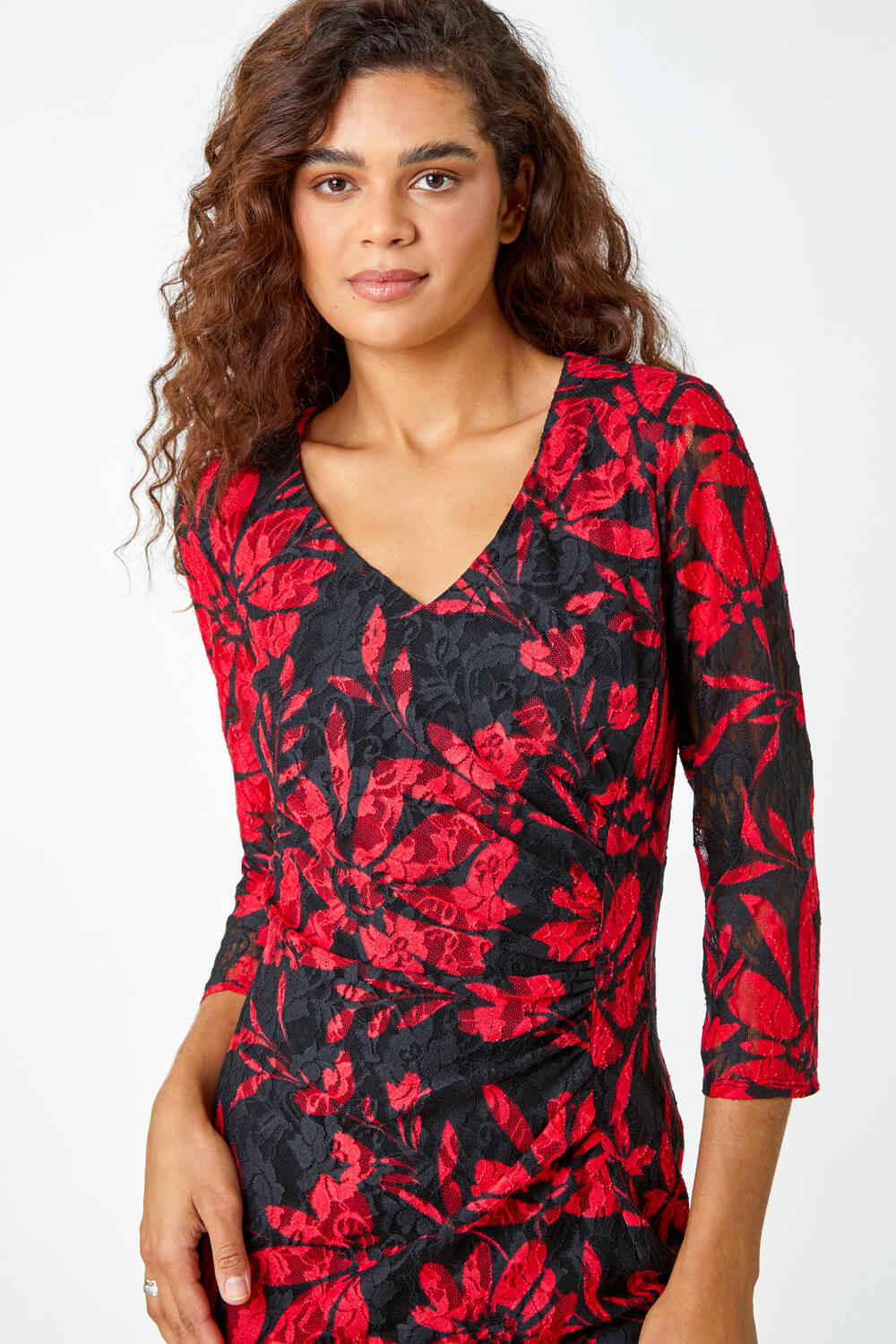 Red Floral Print Lace Shift Stretch Dress , Image 4 of 5
